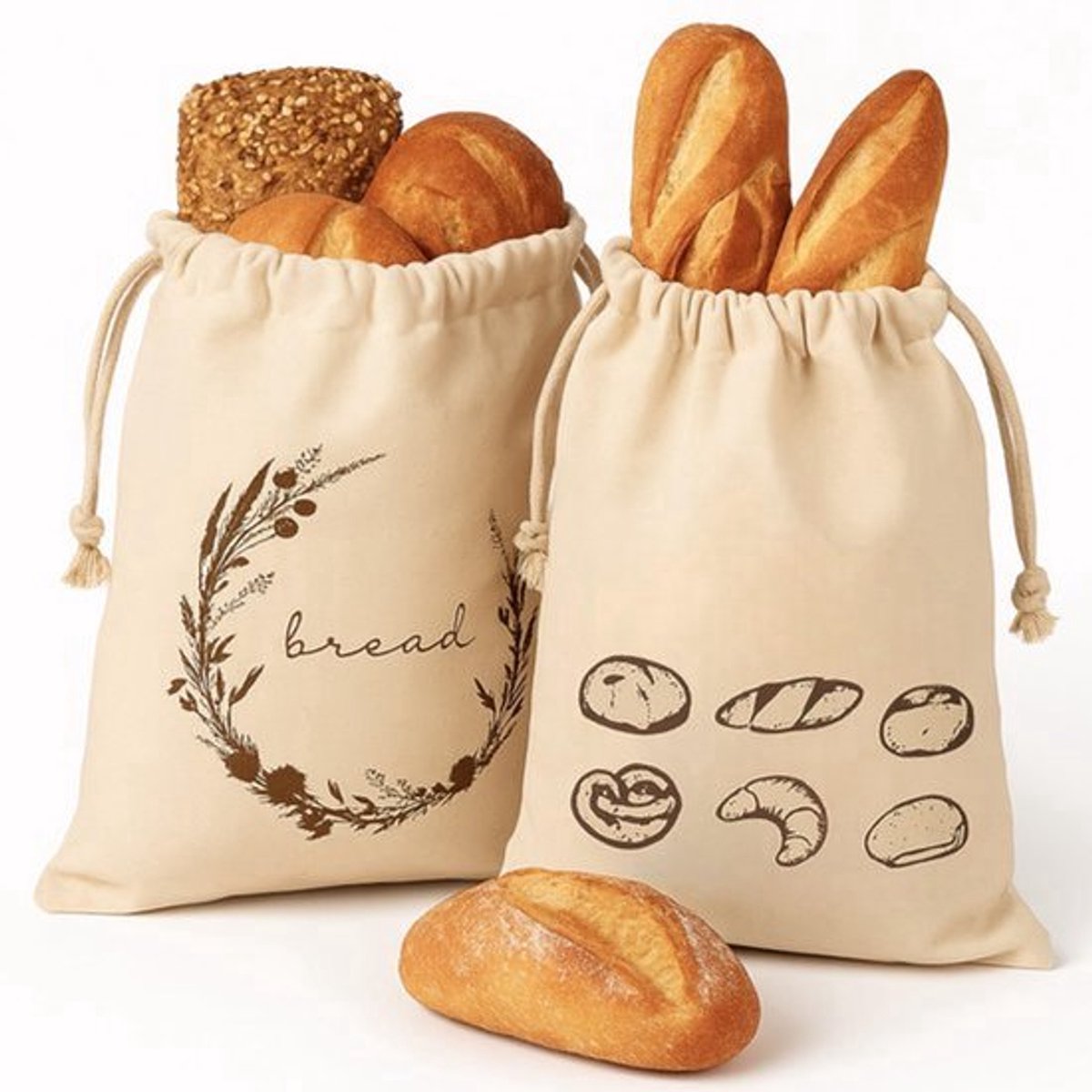 Broodzak Set van 2 Katoen - Herbruikbaar en Ademend - Milieuvriendelijk Stoffen Zak voor Brood, Broodjes en Baguette - Keuze uit Willekeurige Motieven - Ongeveer 35 x 29 cm