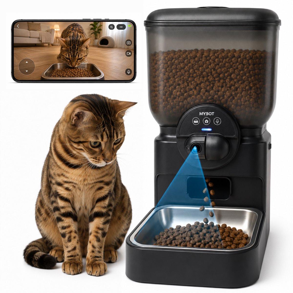MYBOT Automatische Voerbak met Camera - Kat en Hond - Voerautomaat 6.5L - Verstelbare Camera via App - Oplaadbare Batterij - Voor Droogvoer - Zwart - P5