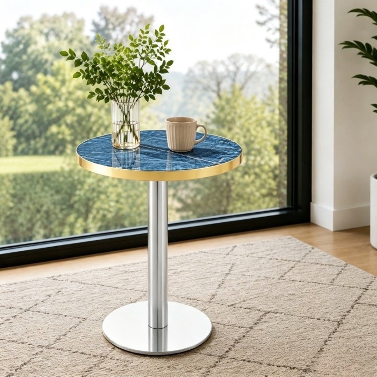 STILVORA Bijzettafel - Ronde Tafel Met Marmerlook En Gouden Rand - Voor Woonkamer Slaapkamer Of Balkon - MDF En Metaal - 60x73,7 Cm - Blauw