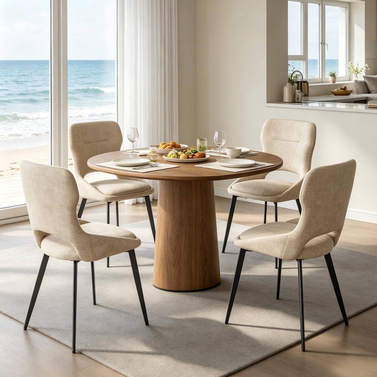OKWISH Eetkamerstoel – Comfortabele Chenille Bekleding – Set Van 4 – Metaal – Modern – Khaki – Voor Eetkamer, Woonkamer Of Thuiskantoor