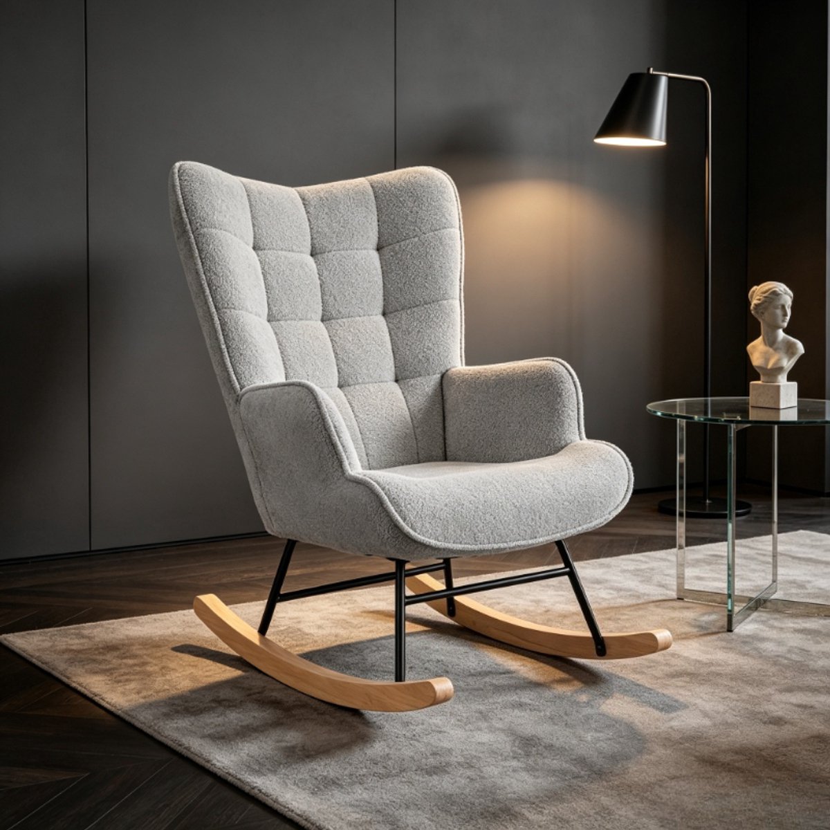 Schommelstoel 60x75x92 cm, relaxstoel met geruite rugleuning, teddy stof, gestoffeerde fauteuil in lichtgrijs