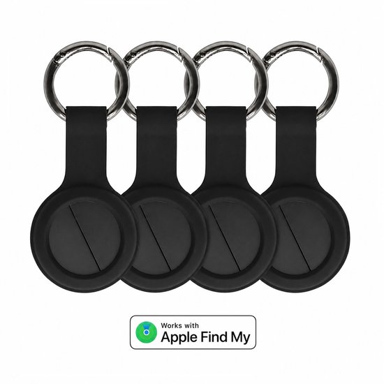 Vier zwarte trackers met sleutelringen op een witte achtergrond. 'Works with Apple Find My'-logo.