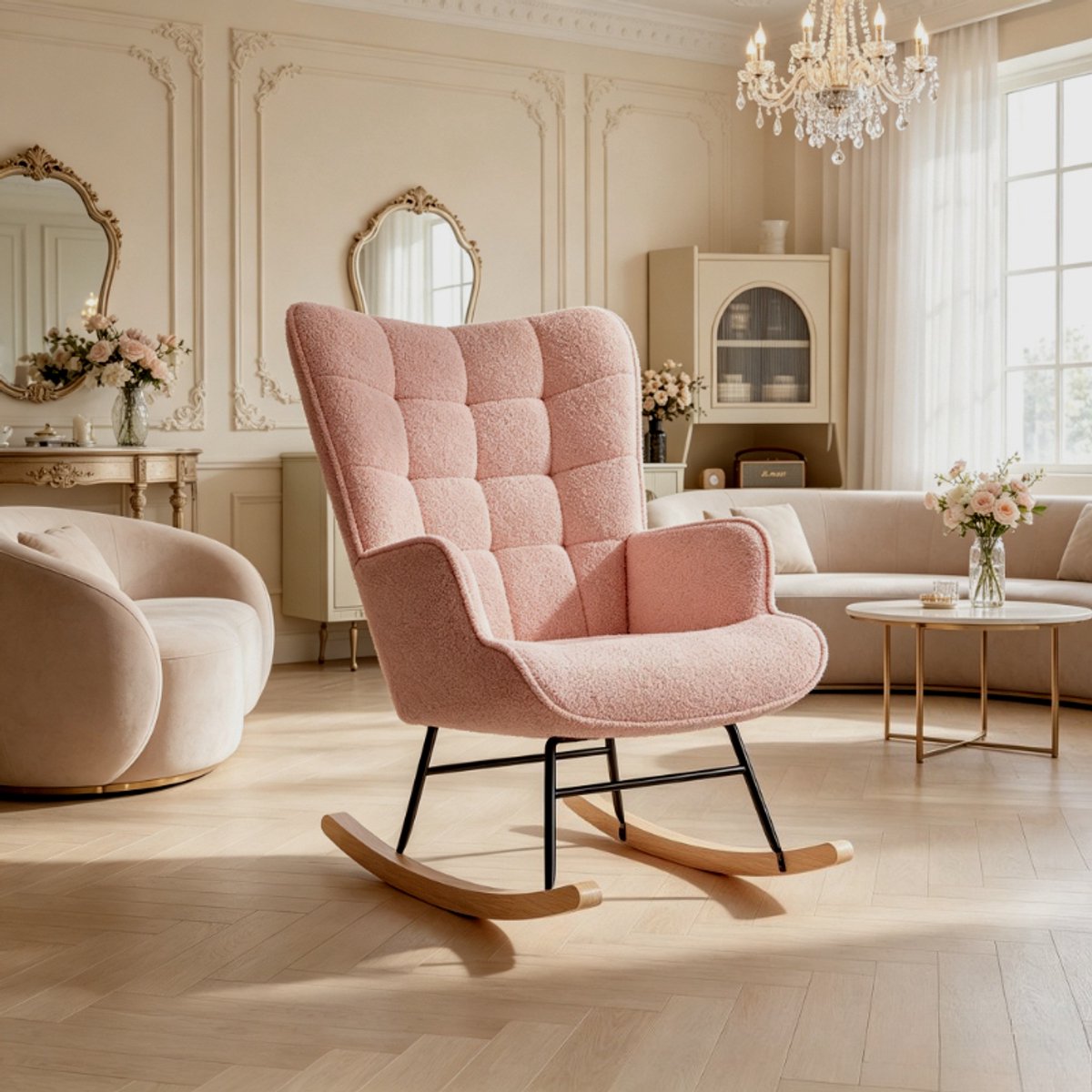 Schommelstoel 60x75x92 cm, relaxstoel met geruite rugleuning, teddy stof, gestoffeerde fauteuil in roze
