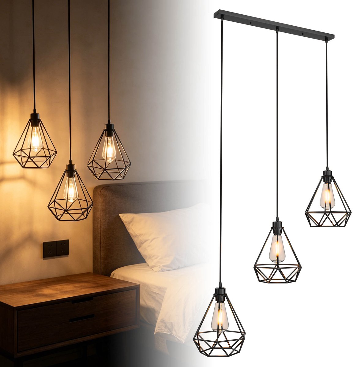 Hanglamp 3-Lichts E27 met Warm Wit Licht - Vintage Pendellamp van Metaal Mat Zwart - in Hoogte Verstelbaar voor Woonkamer Eettafel Keuken - Inclusief 3 ST64 Edison Lampen - Rechthoekige Basisplaat - NAIZY