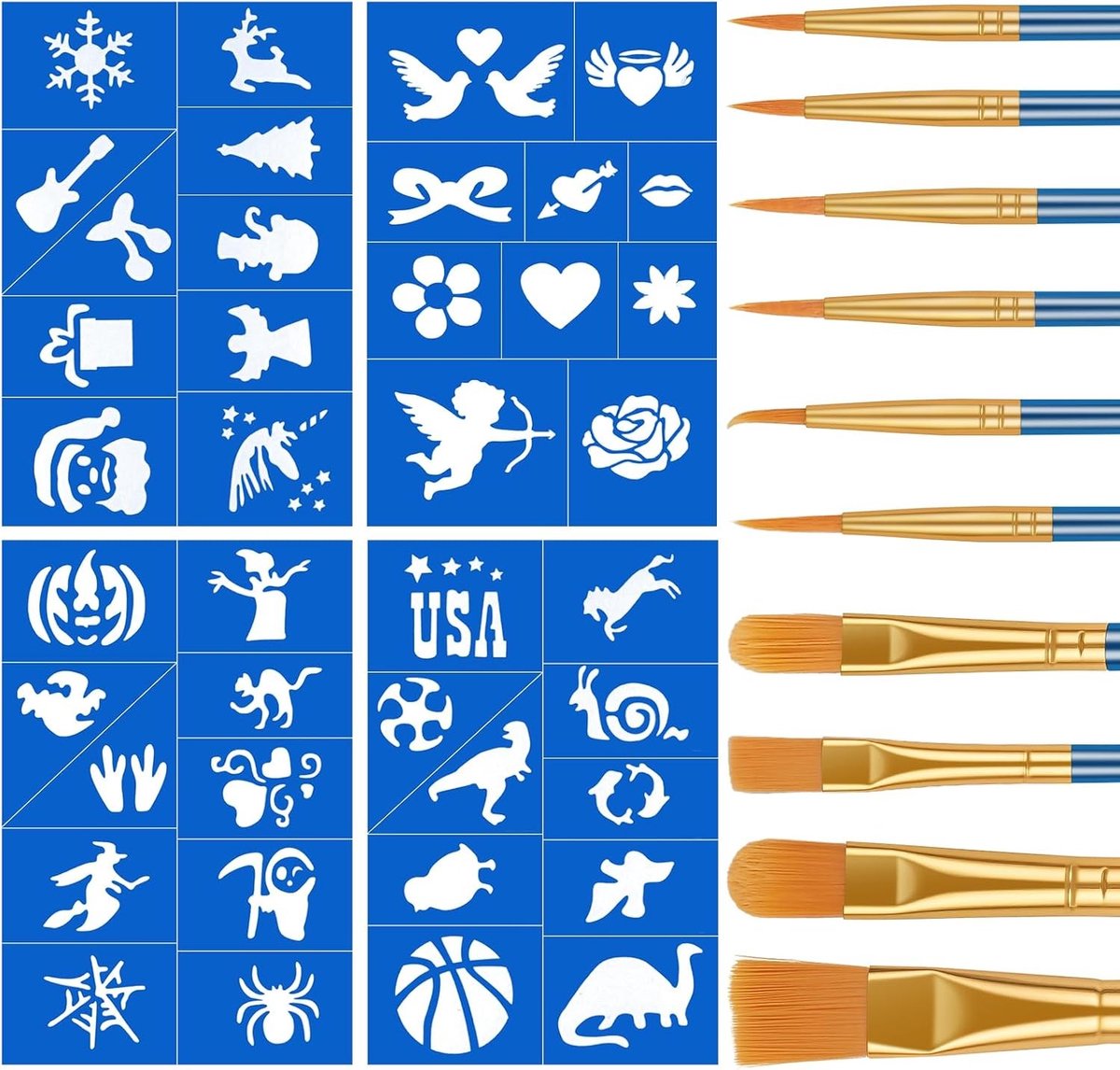 Set van 10 Verfkwasten met Nylon Haren en 4 Blauwe Sjablonen voor Acryl, Waterverf en Gezichtsverf, Geschikt voor Kinderen en Volwassenen