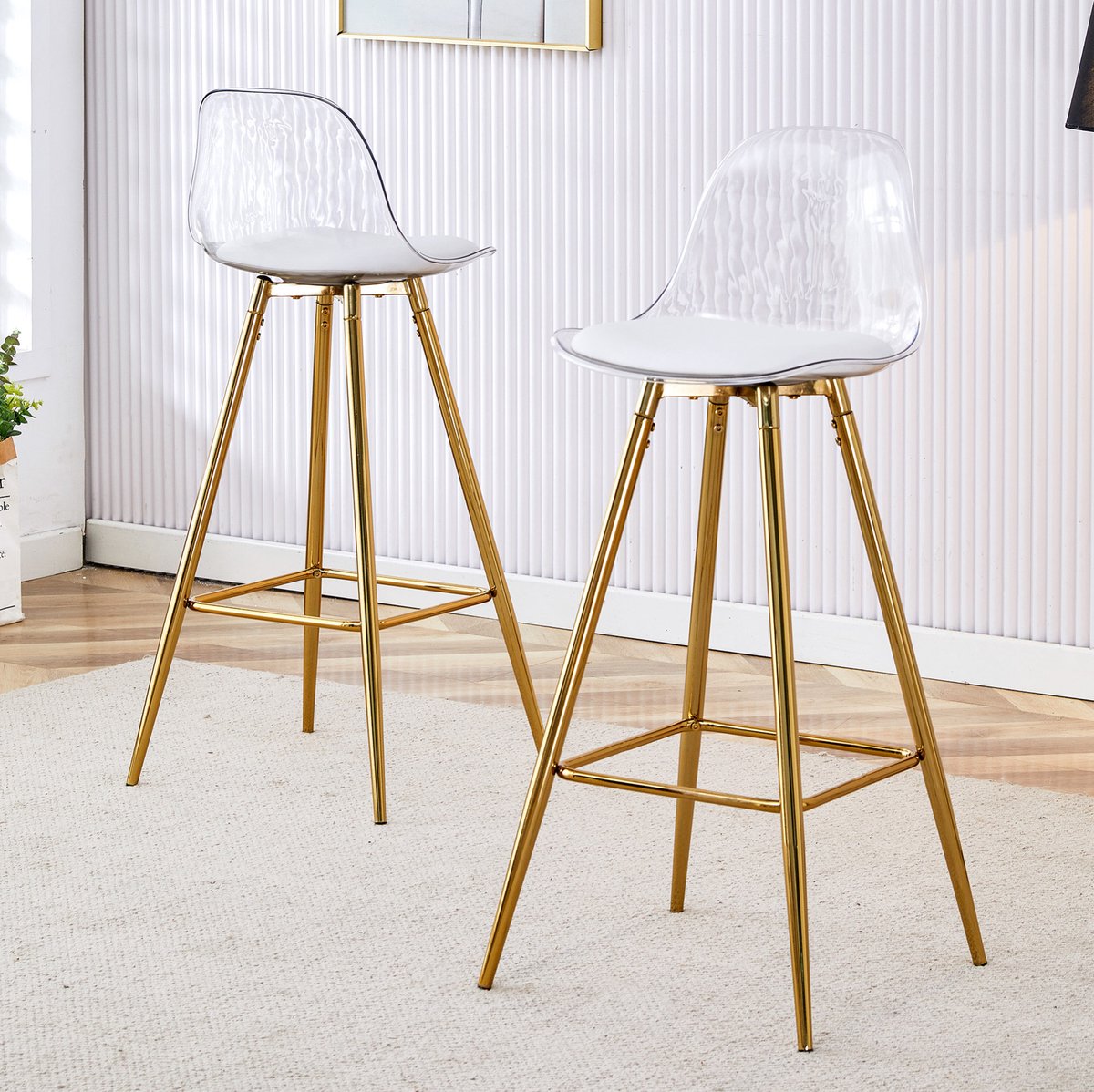 DESMIU Barkruk 96,5 Cm - Set Van 2 Met Transparante Rugleuning En Voetsteun - Voor Café, Keukeninsel En Bar - Kunststof En Metaal - Goud Transparant