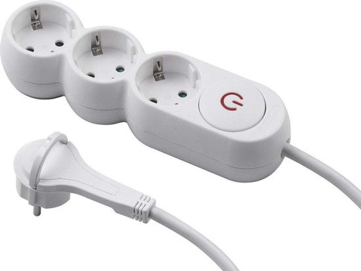 Stekkerdoos 3-voudig extra platte stekker 14 m kabel wit IP20 binnen verlichte schakelaar meervoudige contactdoos - 7430130