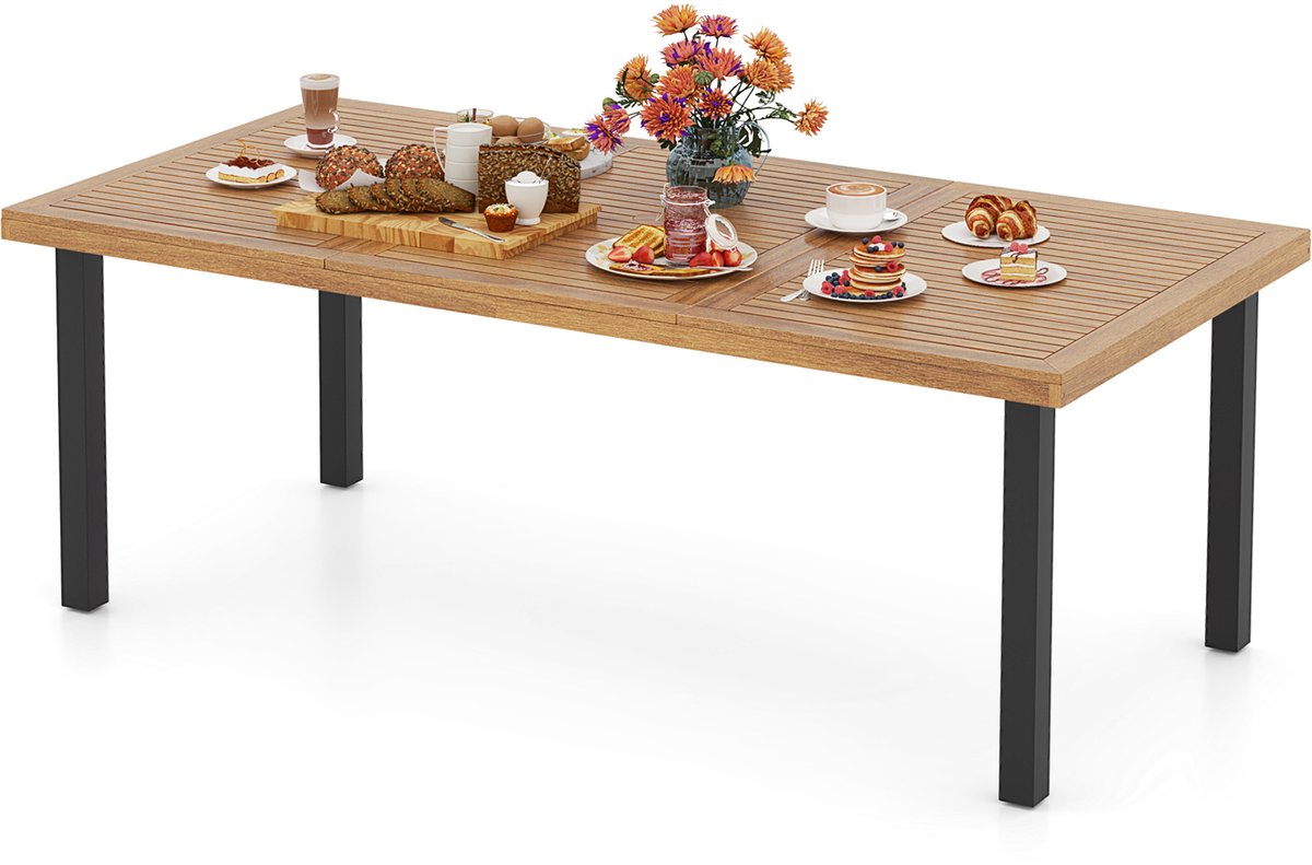 COSTWAY Tuintafel met parasolgat, 200x100cm, grote terrastafel voor 8 personen, rechthoekig balkontafel van acaciahout, outdoor eettafel voor tuin en terras.