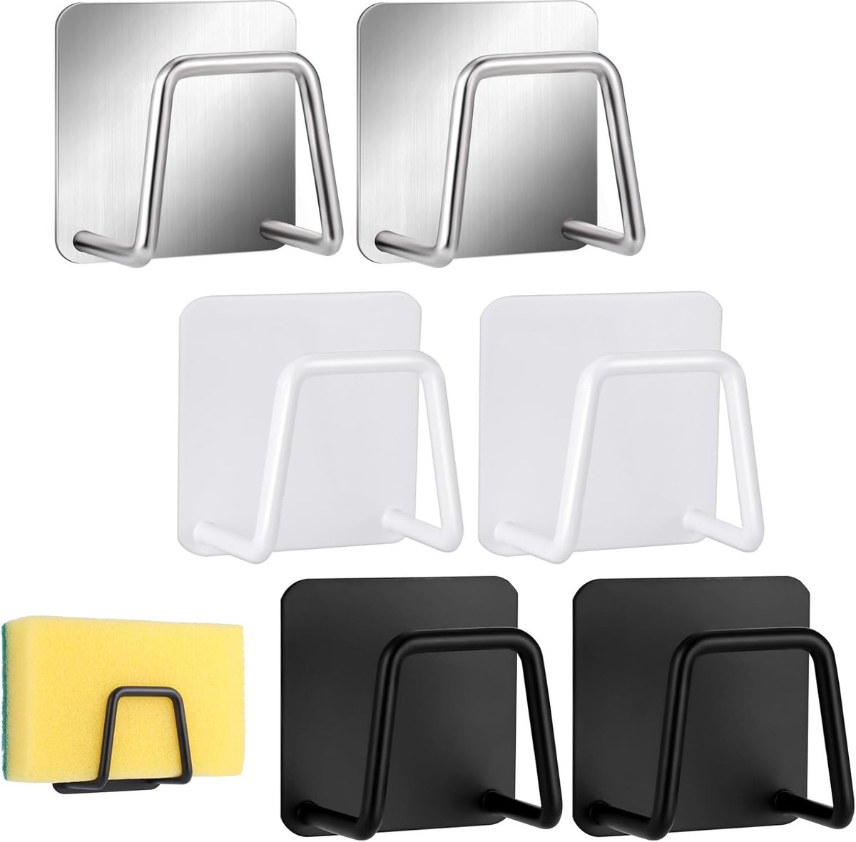 6 Stuks - Keuken sponshouder met haak - keuken organizers - Zelfklevende Sponshouder Set - RVS - Keukenhaken - Badkamerhaakjes - Wandhaak - Handdoekhaak - Spoelbak Organizer - Geen Boren