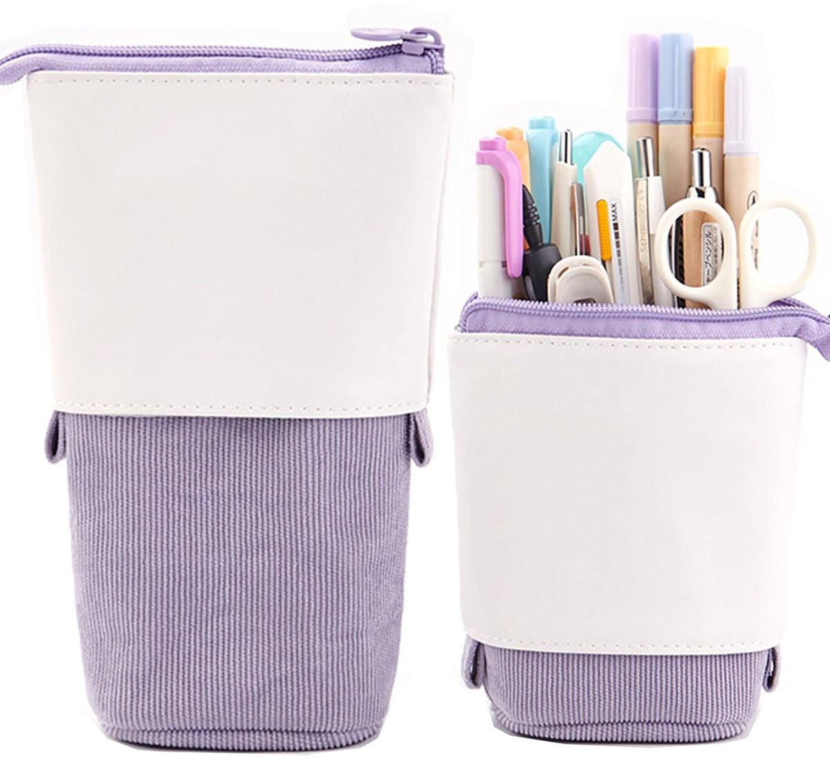 Telescopische Pennenzak Paars – Staande Etui met Verstelbare Hoogte – Grote Potlodentas van PU en Corduroy – Multifunctionele Organizer voor School, Kantoor en Make-up Kwasten