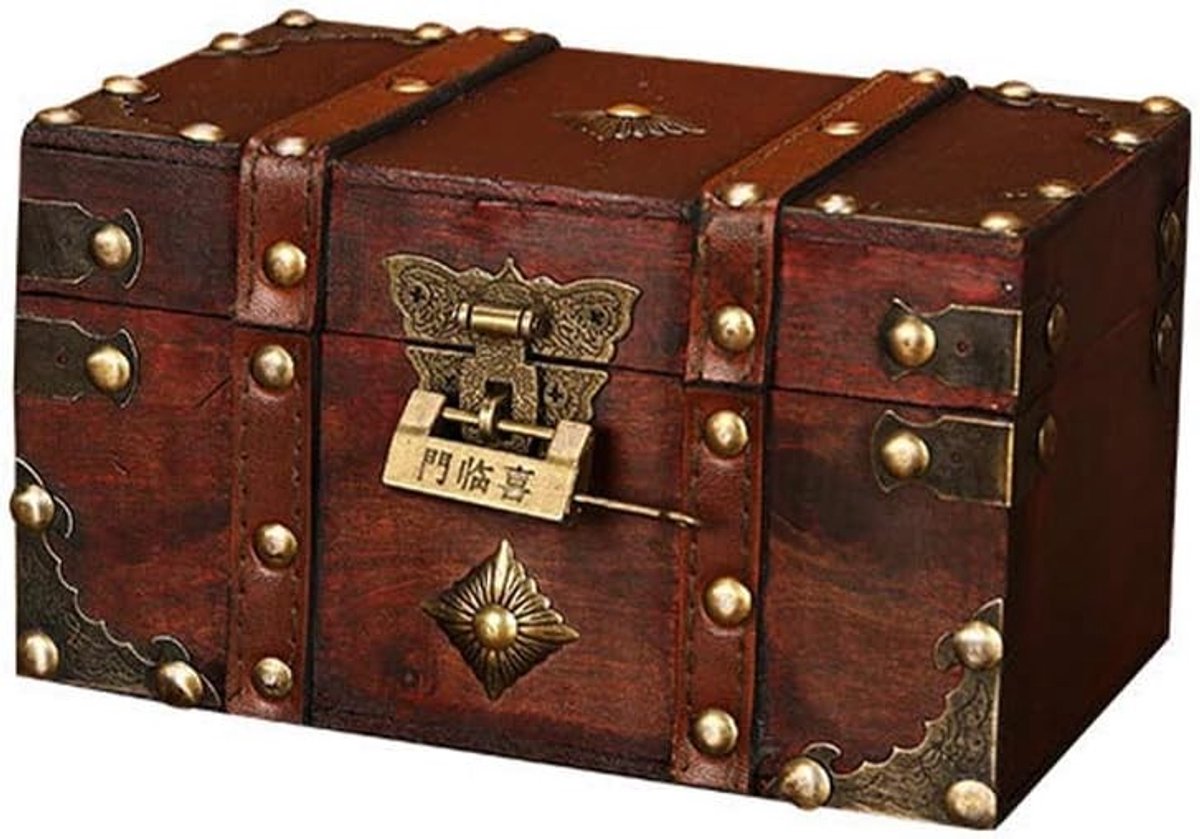 Houten Piratenschatkist met Slot en Sleutel, Mini Schatkist voor Sieraden, Oorbellen en Ringen Opslag