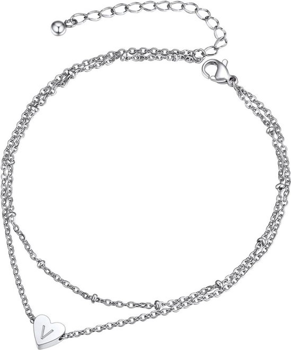 Roestvrijstalen enkelband met hartletter en parelketting - 26 letters - voor dames en meisjes - zilverkleurig - 21-22 cm