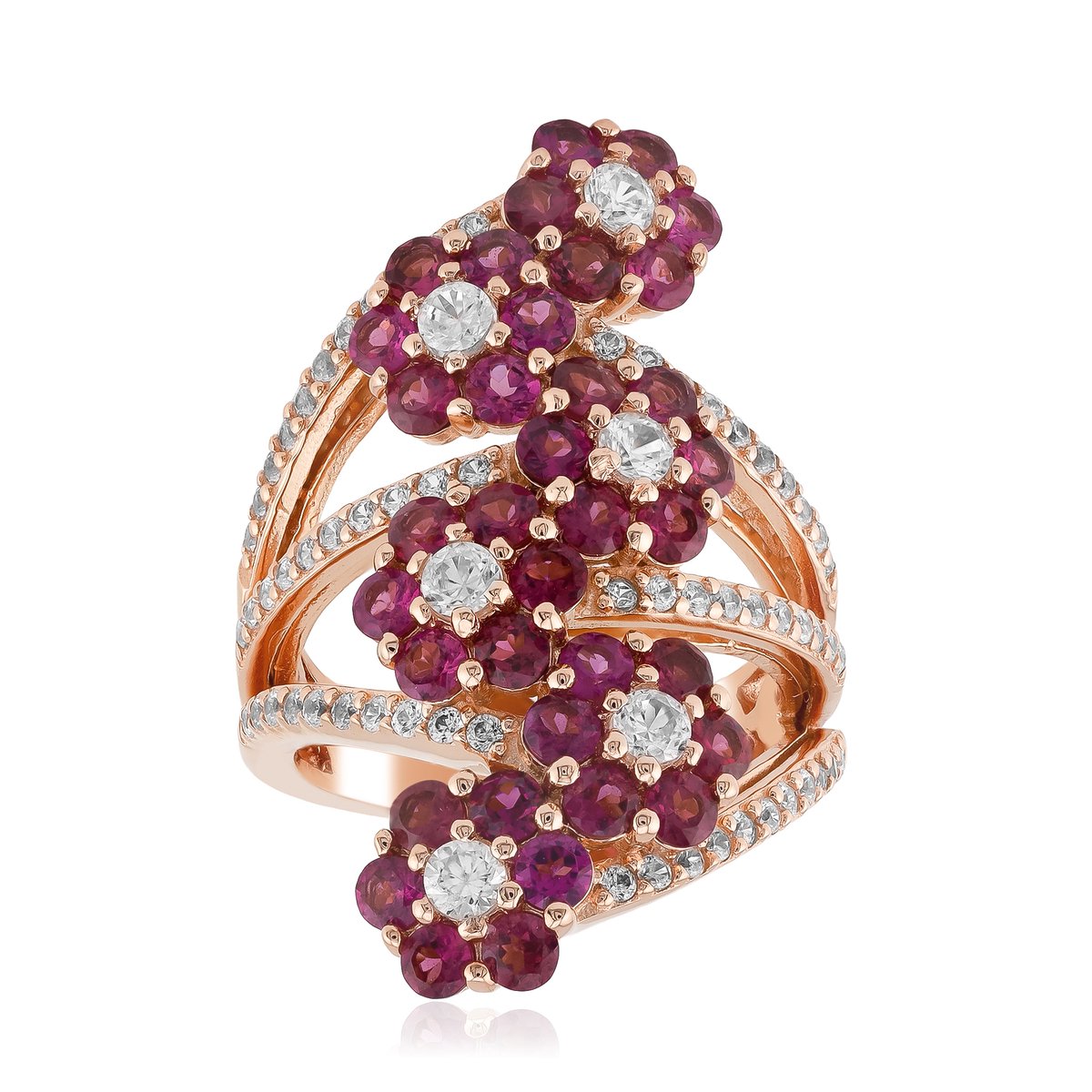 Cavill - Zilveren ring met roségoudverguld - Tanzanian Rhodoliet 3,06 ct & Zirkonia 1,41 ct - Bloemmotief - Elegante damesring - Prong zetting