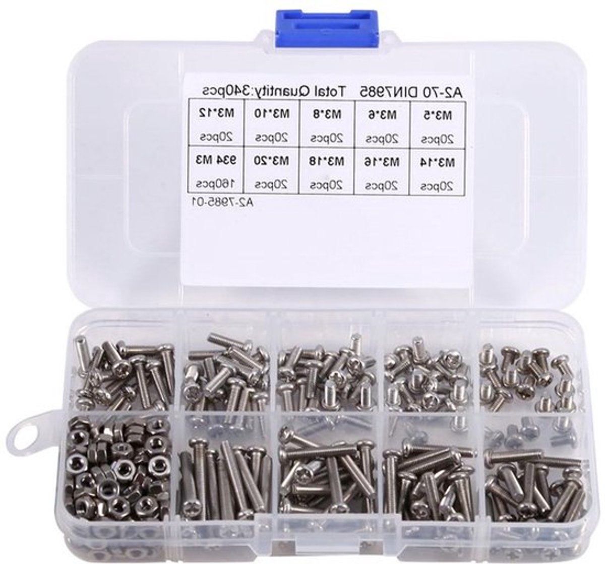 Set van 340 Stuks Schroeven Assortiment Bouten Ronde Kop Verzinkt Phillips Kruiskop Volledig Gewikkeld RVS 304 met Zeskantmoeren M3 x 5/6/8/10/12/14/16/18/20mm