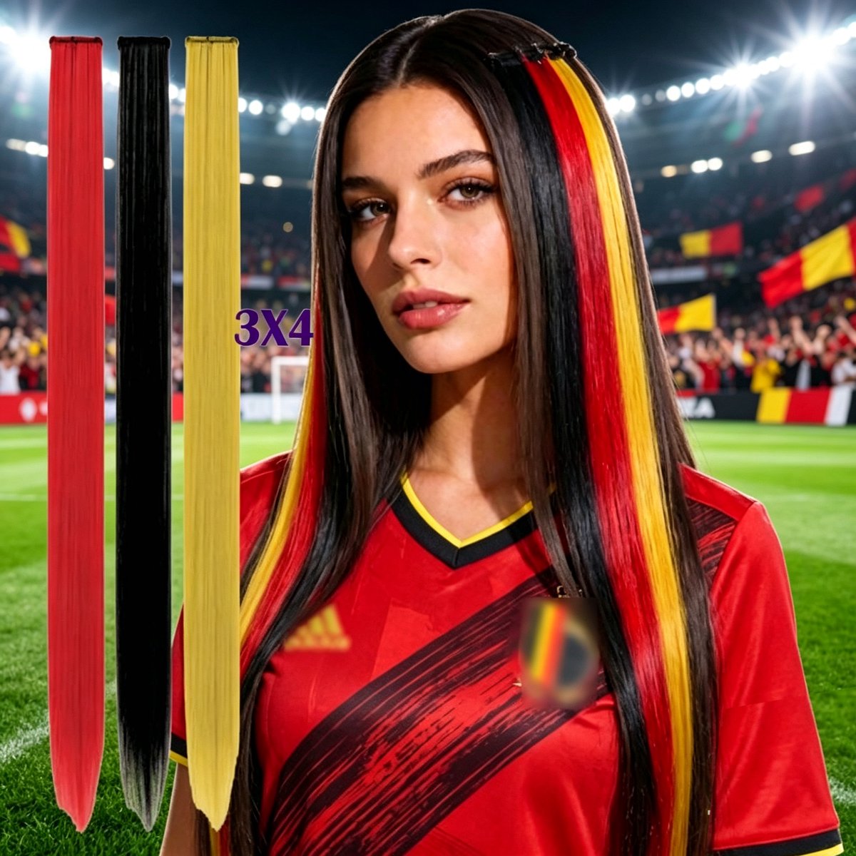 Set van 12 stuks zwart-geel-rode clip-in haarextensies Belgische vlag Synthetische haarstukjes voor dames en meisjes Verkleed- en feestaccessoire voor WK voetbal en sportwedstrijden