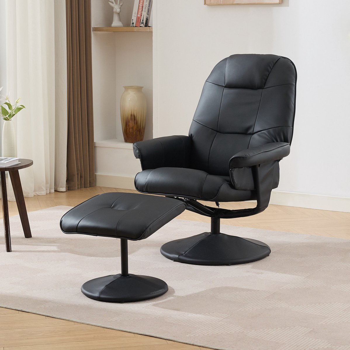 DESMIU Massagestoel 79,5 x 75 x 107 Cm - Met Verwarming, 5-Punts Massage En Hocker - Voor Woonkamer En Ontspanning - Kunstleer - Zwart
