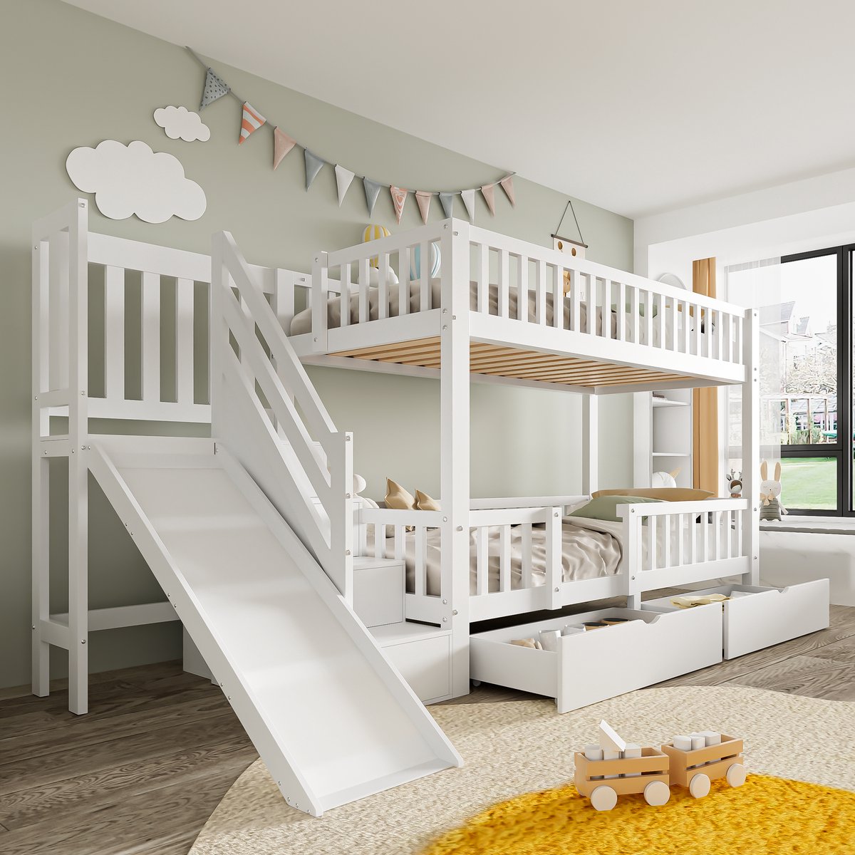 Merax Stapelbed 90x200cm - kinderbed - met glijbaan en trap - met 2 laden - met magnetische deur - zonder matras - wit