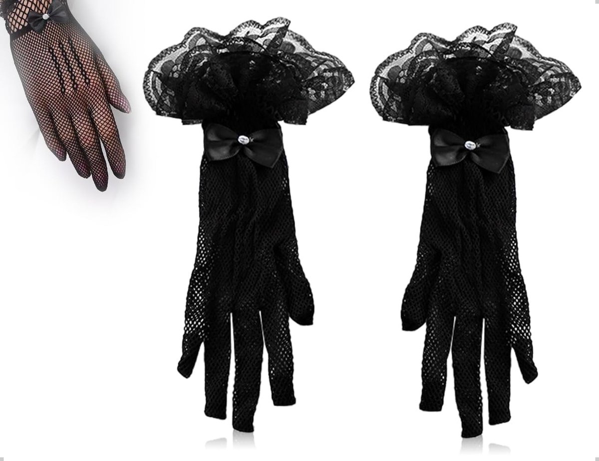 Elegante Korte Vrouwenhandschoenen van Kant, Perfect voor Bruiloft, Theekransje en Avondgala, Zwart