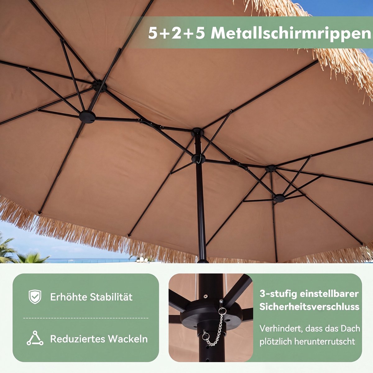 COSTWAY Dubbele parasol 450 x 260 cm, parasol Hawaii, tuinparasol met zwengel, stroparasol, groot XXL, terrasparasol, marktscherm voor tuin, terras en zwembad