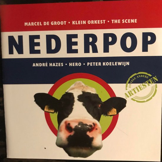 Boek "Nederpop" met een koeienkop in een groene cirkel. Namen van artiesten op de voorflap.