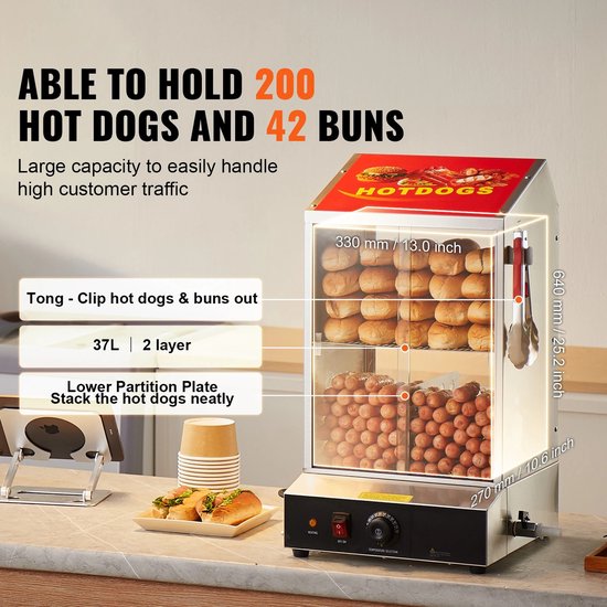 Velori Hotdog Stomer 37L - Hotdog Warmer - Broodjeswarmer - Commerciële Stoomkast - RVS Warmhoudvitrine - Temperatuurregelaar 30-85°C - 1200W — afbeelding 5
