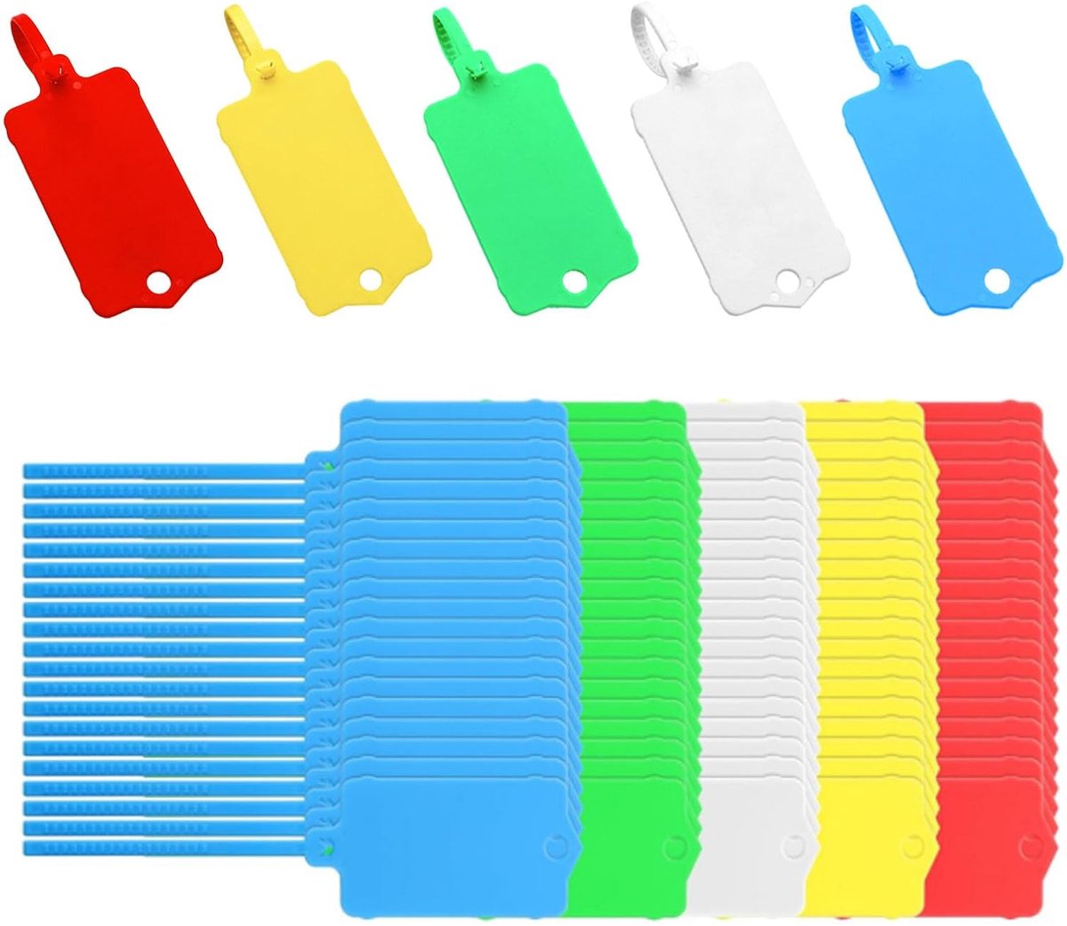 QTTVBTNA – 100 Stuks Waterdichte Kunststof Labels – Hanglabels – Herbruikbare Markeerlabels met Ring – Identificatielabels voor Sleutels, Bagage,Verzendlabels, Opslag en Organisatie – 6,3 x 3,7 cm – Meerkleurig