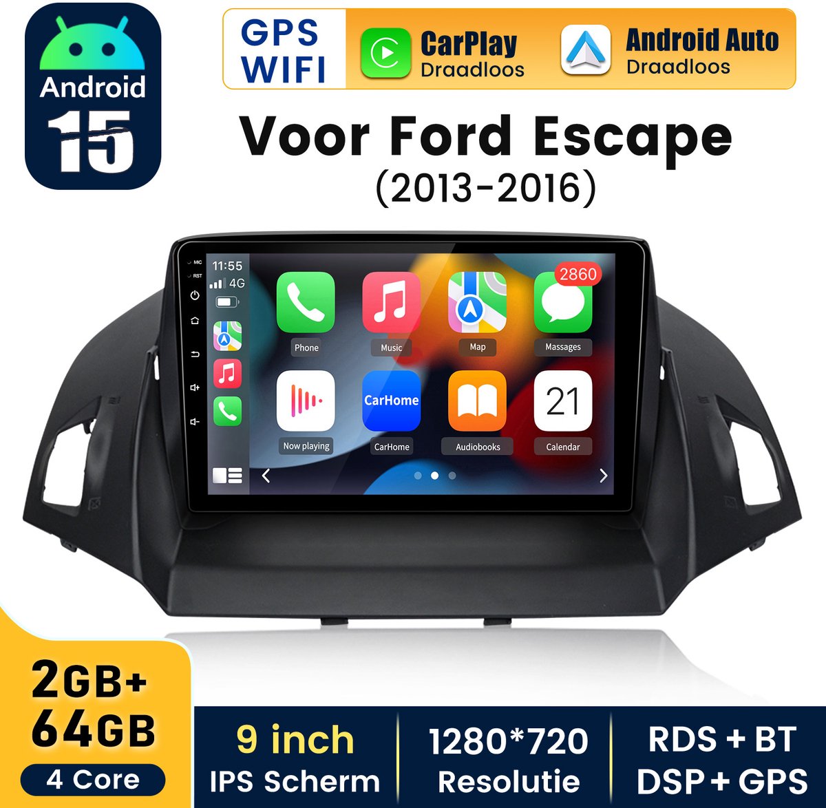 Hexinexmarket Autoradio Geschikt Voor Ford Escape (2013- 2016) - Draadloos CarPlay, Android Auto, GPS Navi, multimediaspeler - 2GB+64GB