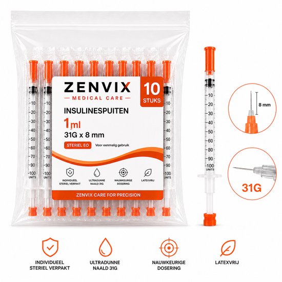 Zenvix insulinespuiten, 1 ml, 31G x 8 mm. Set van 10 stuks, individueel steriel verpakt.