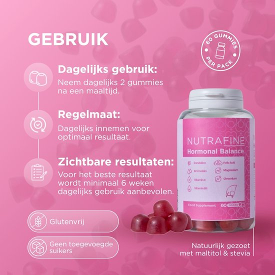 Fles NUTRAFINE Hormonale Balans gummies, 60 stuks per verpakking, glutenvrij, zonder toegevoegde suikers, met maltitol en stevia.