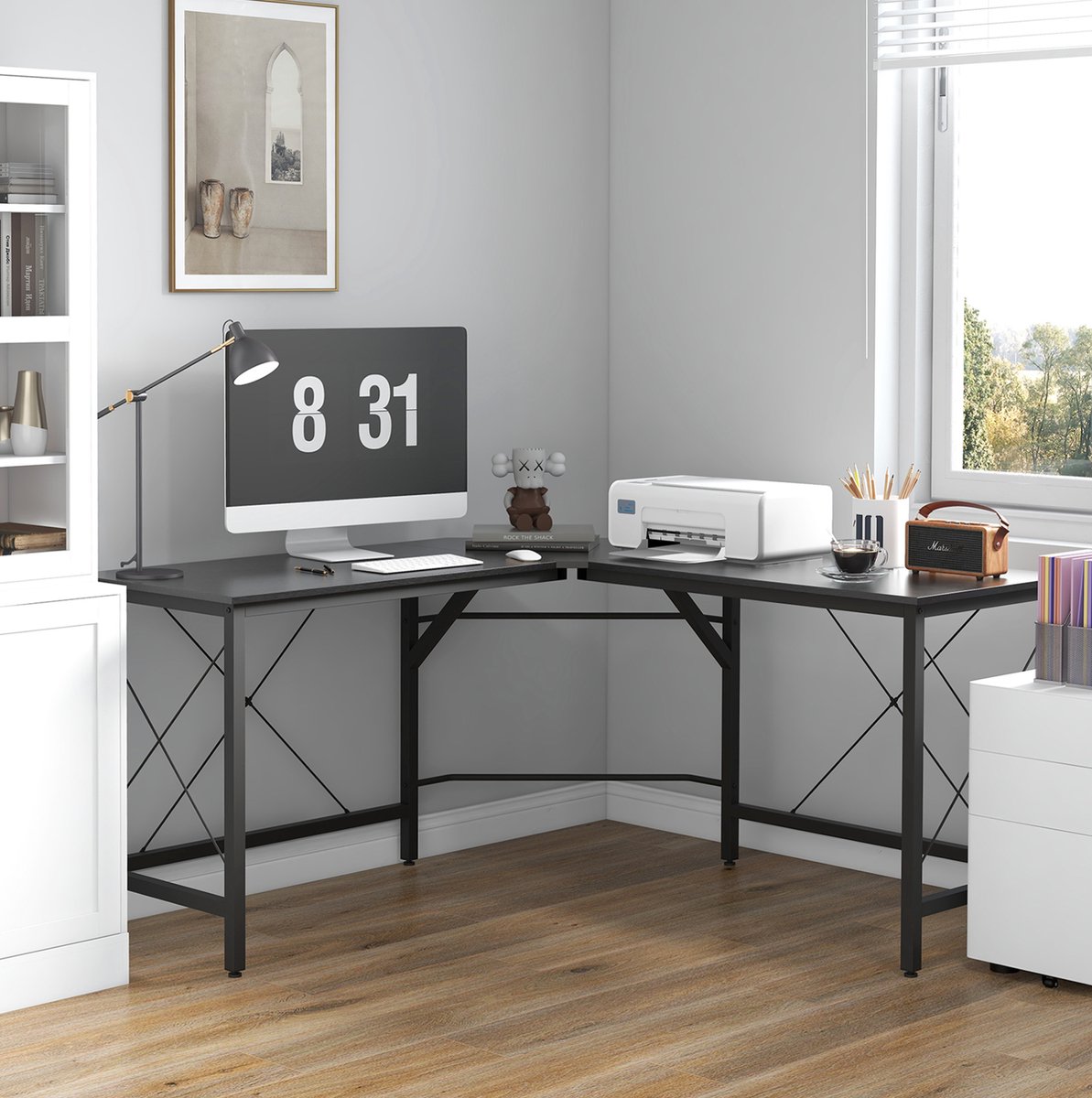 STILVORA Hoekbureau - L Vorm Met Ruim Werkblad Voor Kantoor En Thuiswerkplek - Staal En Gemelamineerd MDF - 150x150x76 Cm - Zwart