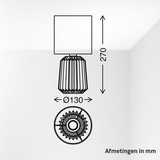 Dessin technique d'une lampe de table avec dimensions : hauteur 270mm, diamètre 130mm.
