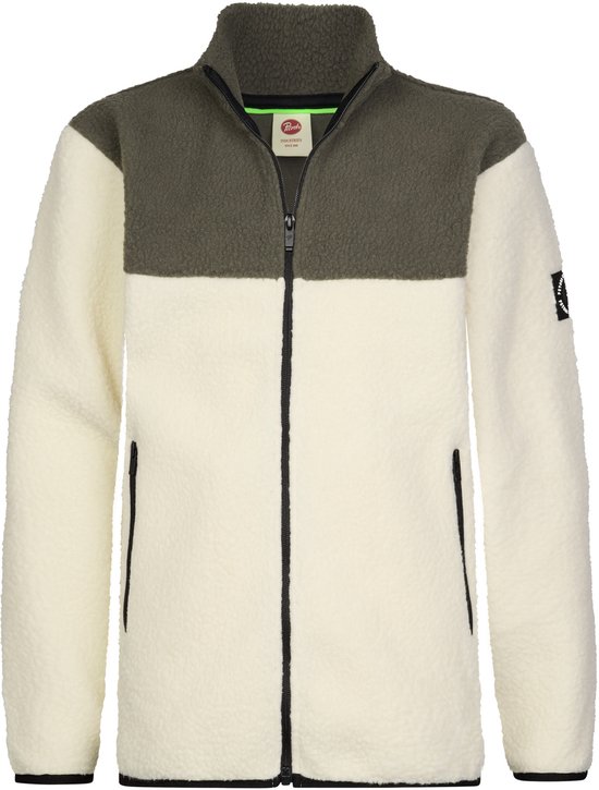 Teddy jack met rits, colorblock van gebroken wit en donkergroen, met openstaande kraag.