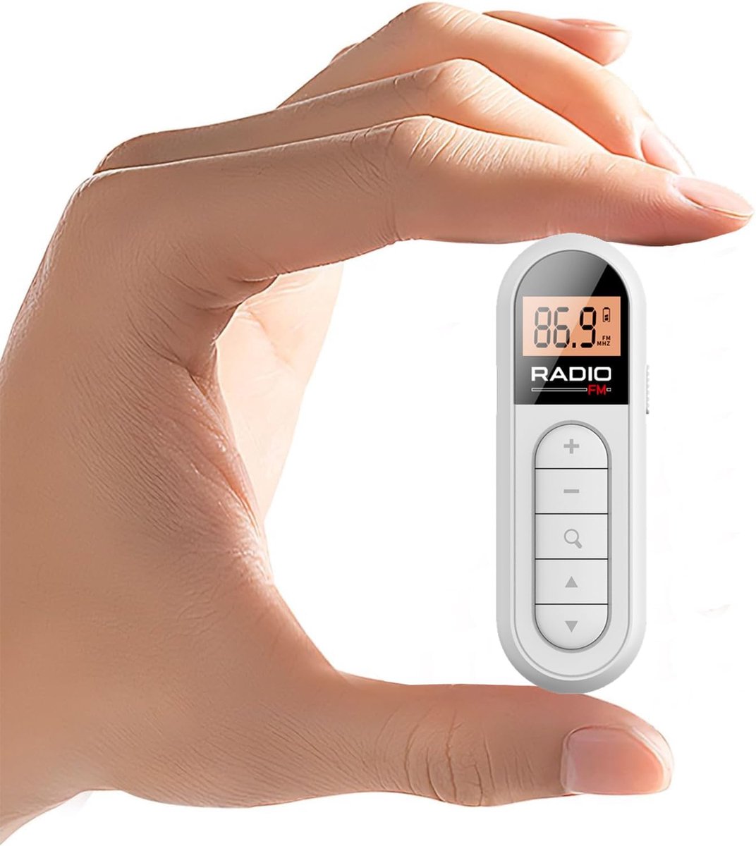 Mini Zakradio - FM 76-108MHz - USB-C Oplaadbaar - Wit - LCD Display - Draagbare Pocket Radio met Hoofdtelefoonaansluiting - Ultra Lichtgewicht - Clip-on