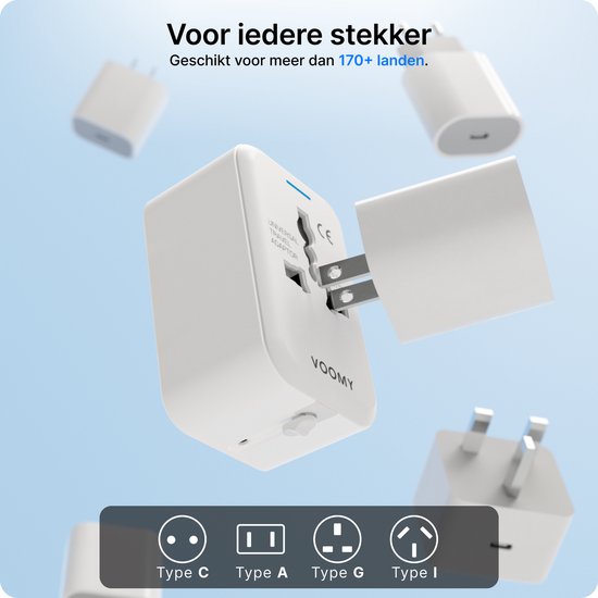 Voomy 20W Universele Wereldstekker - 170+ landen - USB-C Snellader & USB-A Poort - Reisstekker Wereld: Amerika (USA), Engeland (UK), Australië, Zuid Amerika, Afrika, Italië, Thailand - Wit