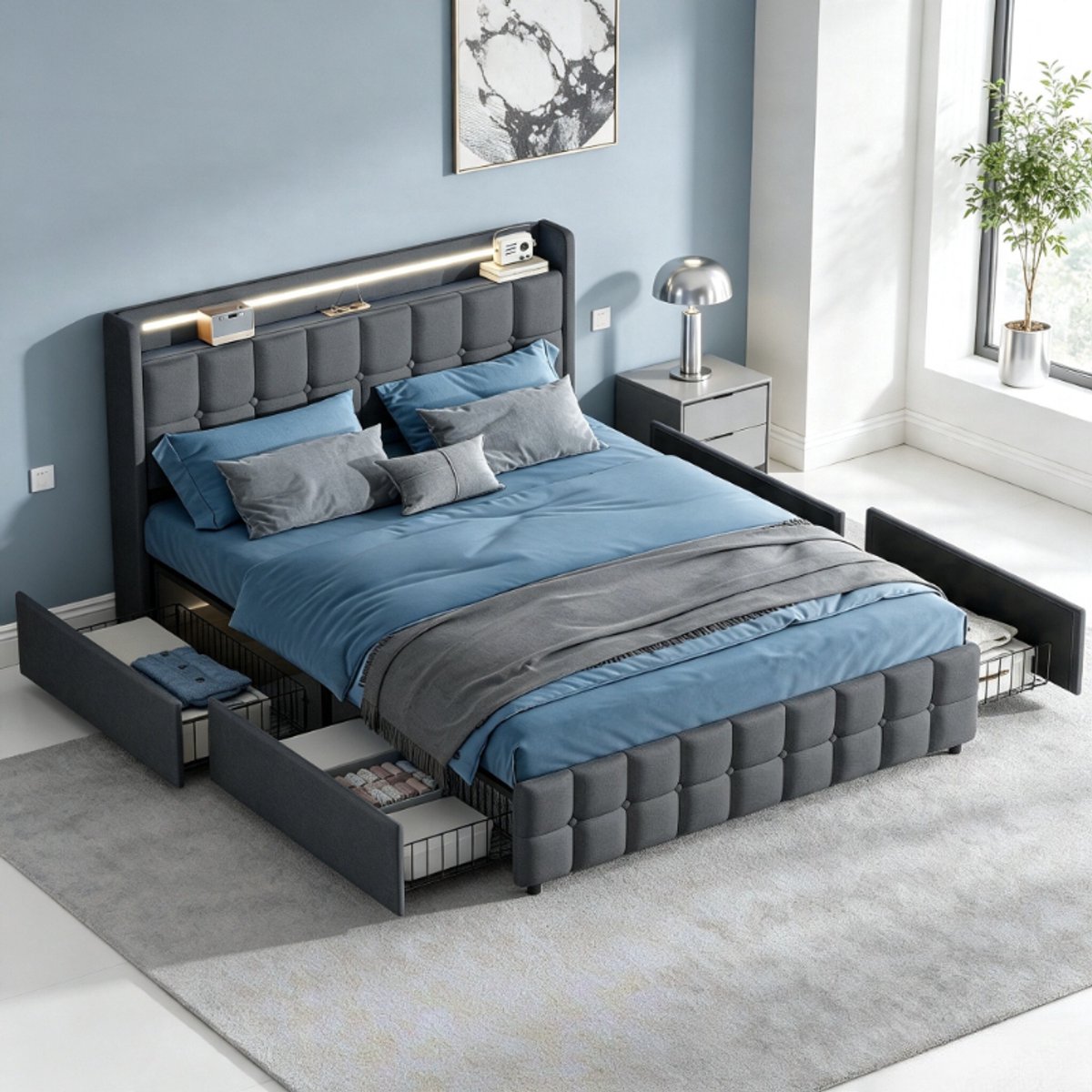 ROSAHQNDA Tweepersoonsbed 160x200 cm met led verlichting, 2 persoonsbed met opbergruimte en 4 laden, gestoffeerd bedframe van linnen met hoofdbord, grijs bed zonder matras