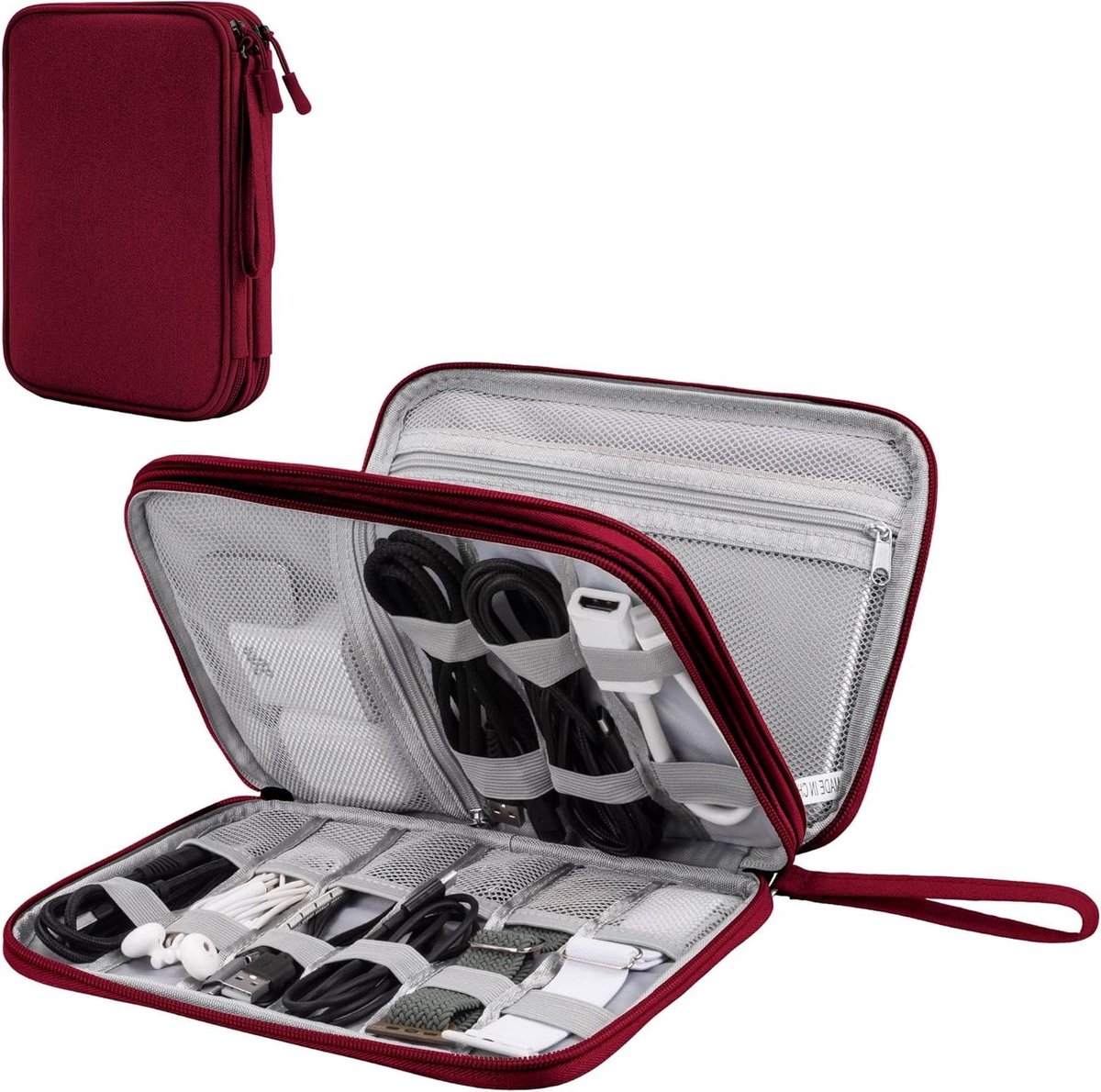 Accessoire Organizer - Reistas Kabeltas - Elektronica Opbergen - Dubbellaags Ontwerp - 24 x 17 x 6 cm - Wijnrood