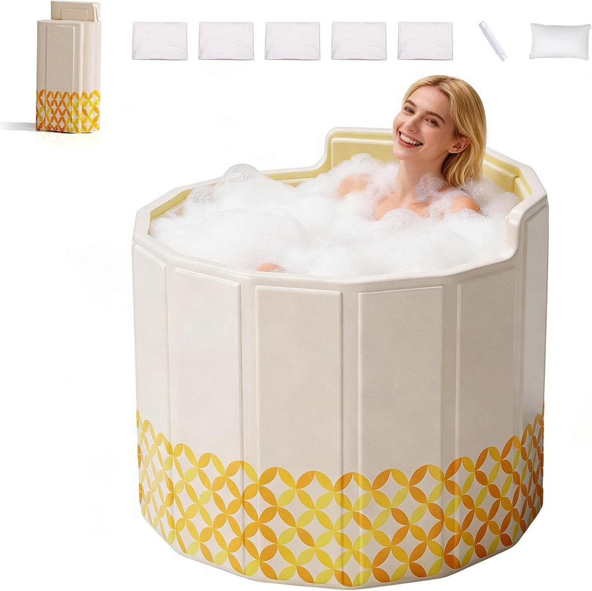Opvouwbaar Bad - Draagbaar Bad - Ontspannen Baden - C-vormige Rugsteun - 80 cm Diameter - Geel