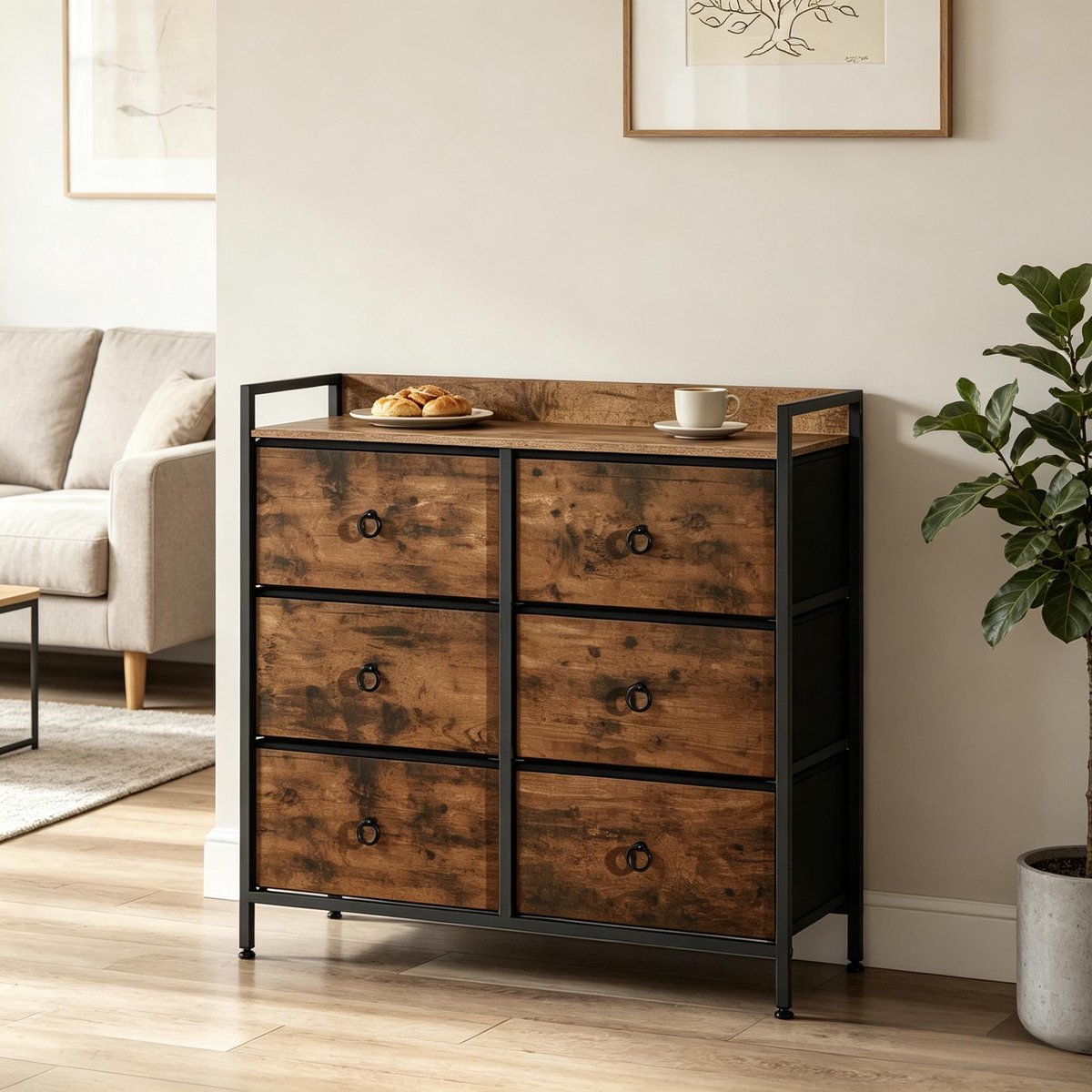 Wishdor - Kast - 6 lades - opbergkast met bovenblad - industrieel retro - hal woonkamer slaapkamer - houtlook met metalen frame en stof - zwart rustiek bruin - 80 x 29 x 78 cm