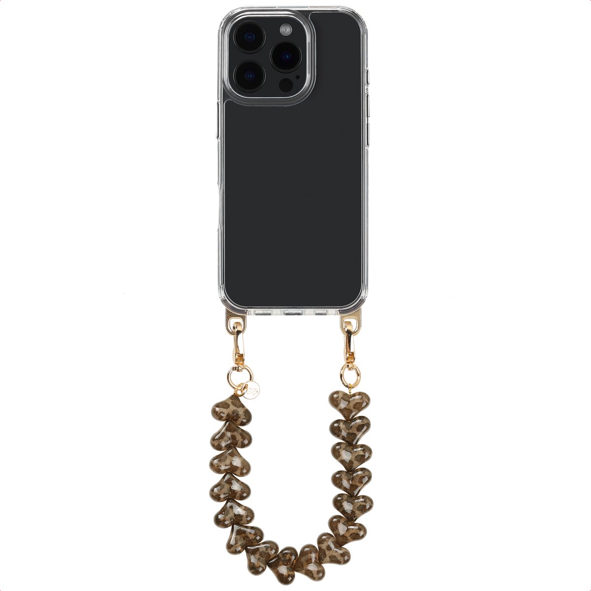 Selencia Transparant Hoesje met Haakjes inclusief Hartjes Polskoord - Geschikt voor Apple iPhone 16 Pro Max - Tortoise Leopard