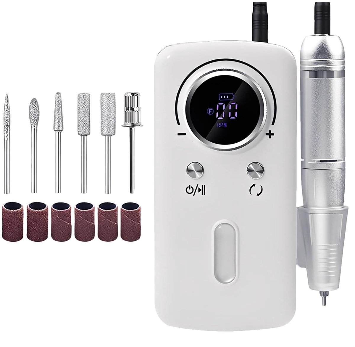 KZQ Professionele Nagelboor Set Draadloos 45000RPM Elektrische Nagelfrees Met 6 Opzetstukken LCD Scherm Oplaadbaar Voor Gelnagels Manicure Pedicure Wit