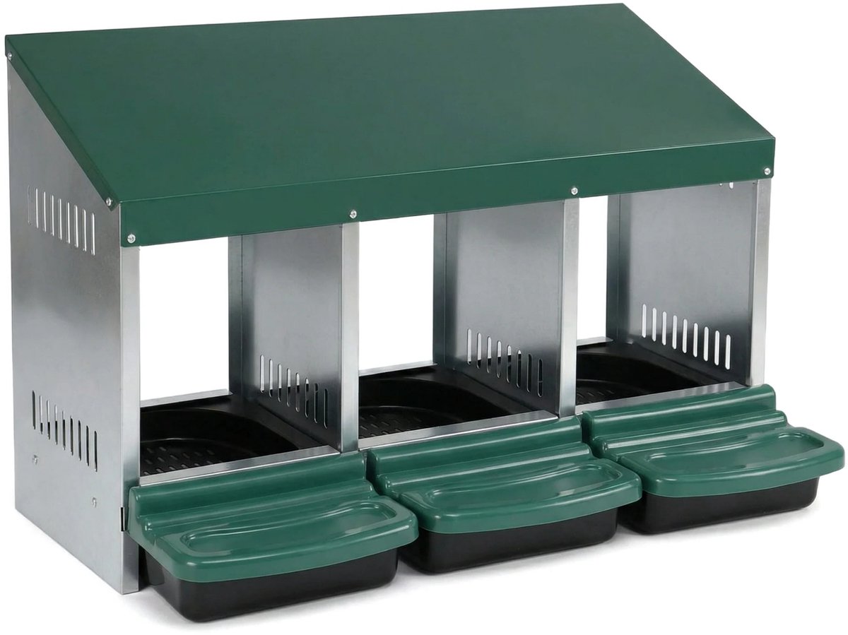 Kippenlegkast - 3-gaten, metalen nestkast met uitrolbare eieropvang, inclusief nep-eieren en installatie-accessoires - voor kippenhok