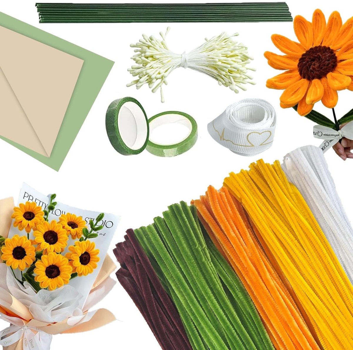 210 Stuks Zonnebloem Boeket Pijpenragers Set met Groene Craft Draad en Cadeau Wikkelband voor Creatieve DIY Geschenken en Bloemdecoraties