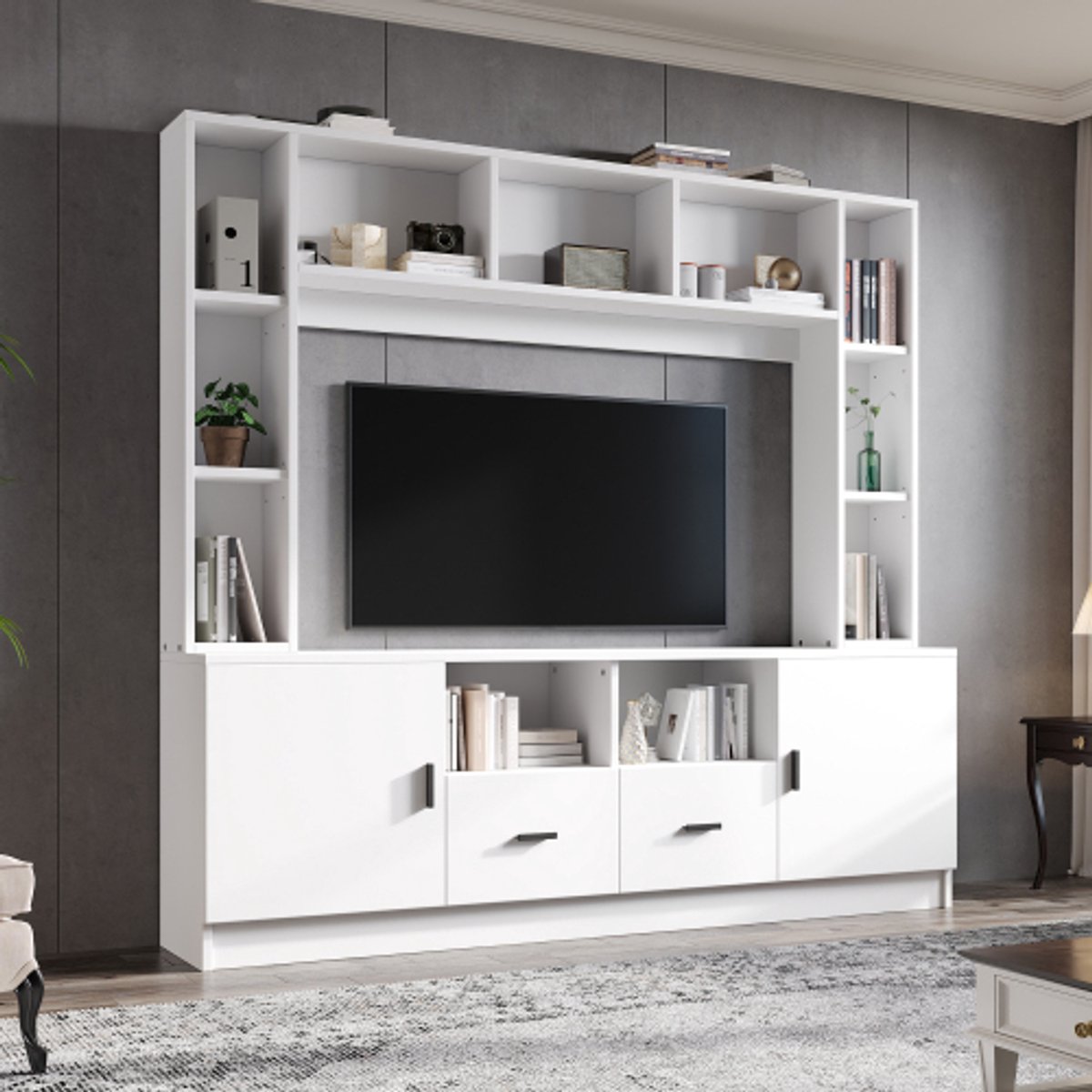Scandinavische Wandsysteem TV-Meubelset 180x35x170 cm – Wit TV-Board met 2 Kasten, 2 Laden en Wandregal – Voor TV's tot 60 Inch
