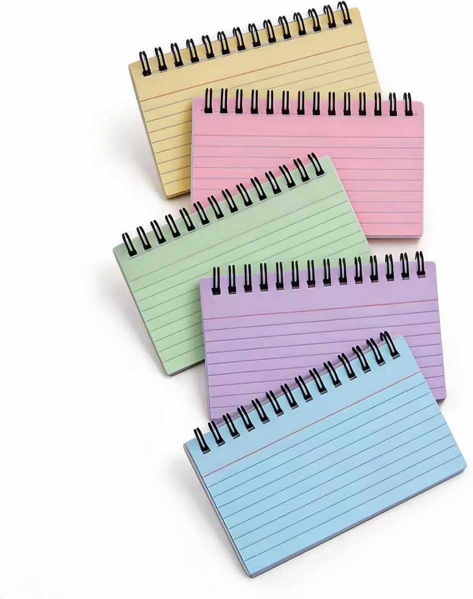 A6-flashkaarten, spiraalgebonden indexkaarten met waterdichte hoes voor kantoor, school en thuisgebruik - 250 vellen in 5 kleuren, ideaal voor notities en studie
