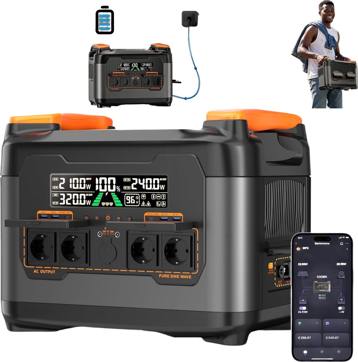 NEWSMY S2400 Draagbare Powerstation 2400W – 2048Wh LiFePO4-accu met 4x AC – Solar Generator voor Camping, Thuis & Noodstroom