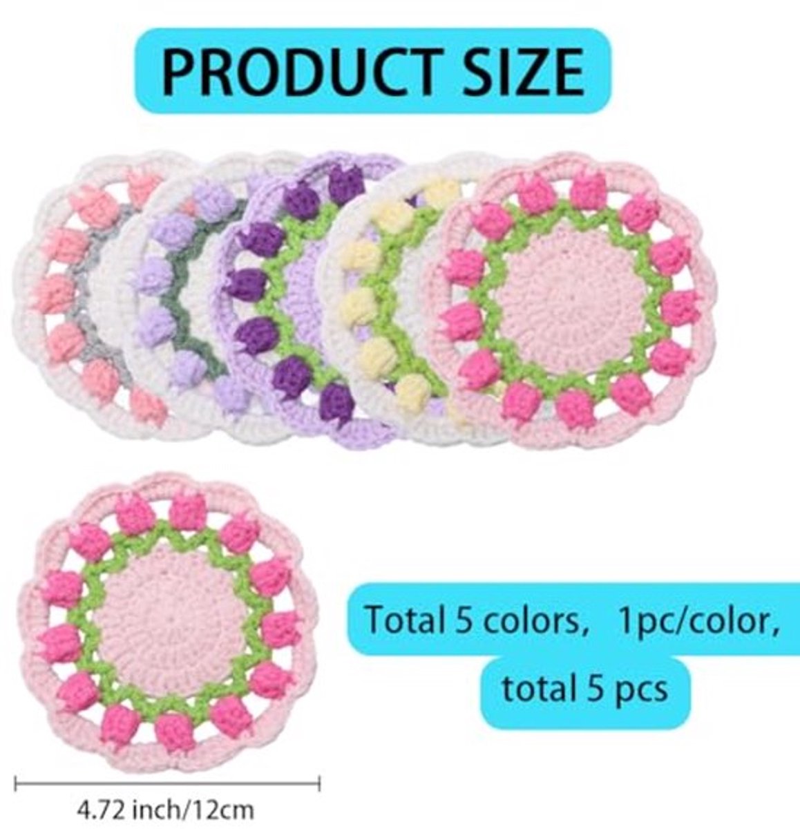 5 stuks 5 kleuren bloemen katoenen onderzetters 12 cm ronde tulp bloem gehaakte vlecht onderzetter antislip absorberende drinkmatten placemats voor salontafel bureau mokken kopjes huis keuken