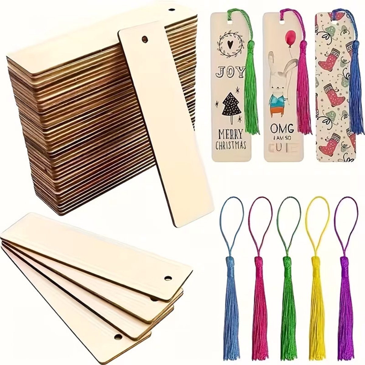 Set van 50 Blanco Houten Bladwijzers met 50 Kleurrijke Polyester Kwastjes, Leeg Hout voor DIY Knutselen, 12cm Decoratieve Boekmarkers
