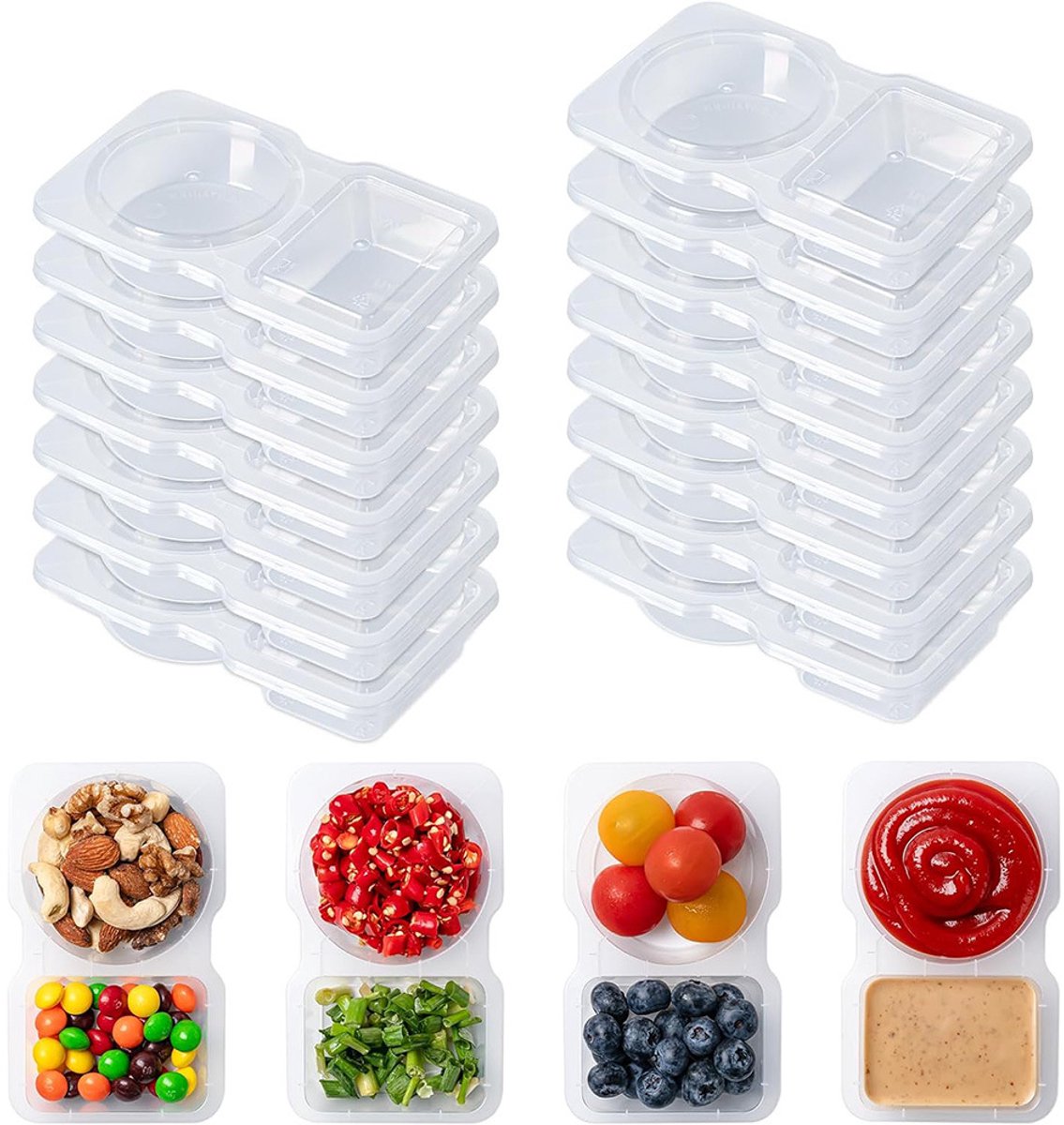 2-Vaks Transparante Voedselbakjes 130ml Met Deksel, Losse Compartimenten Voor Saus, Fruit, Noten en Salade, Herbruikbare Plastic Portiebakken, Set Van 50 Stuks, Afmeting 14×8,5×3cm