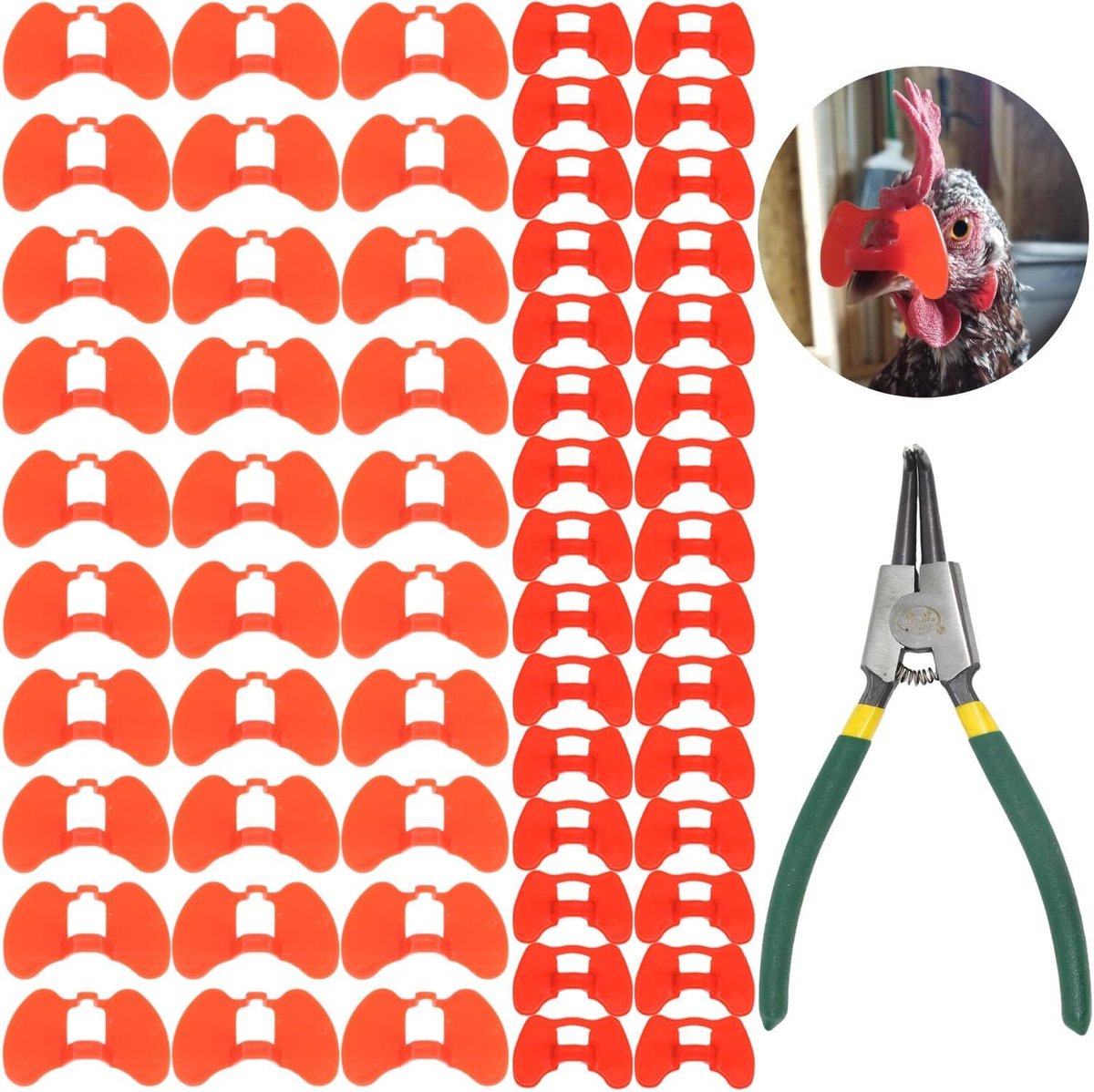 Kip bril set van 60 stuks + montagetang - 30 medium + 30 groot rode plastic kippenbrillen tegen pikken - veehouderij accessoire om pikgedrag te stoppen