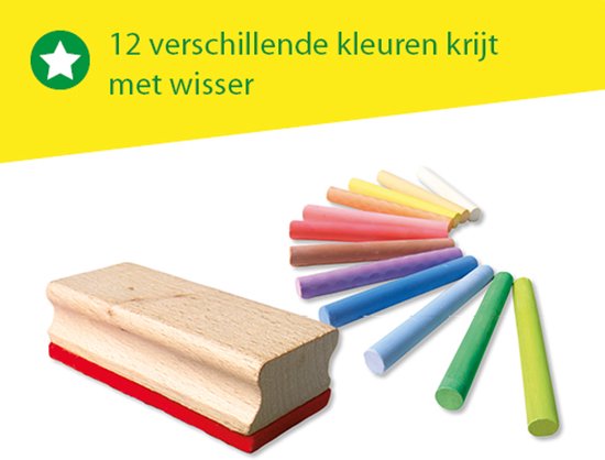 Gomme en bois avec dessous rouge, à côté de douze craies colorées du rose au vert.